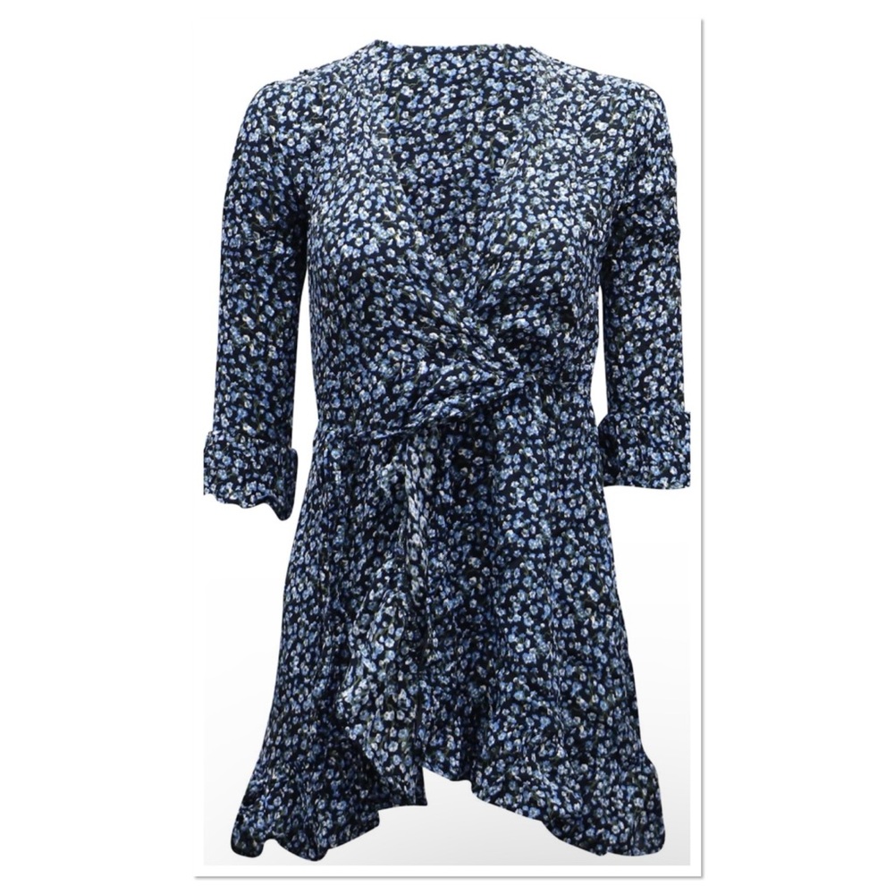 Faithfull the Brand Floral Mini Ruffle Wrap Dress in Blue Rayon Sz 6/M